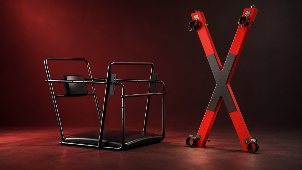 Roomfun bondage chair and St. Andrew’s cross displayed in a dark studio for a BDSM furniture buying guide