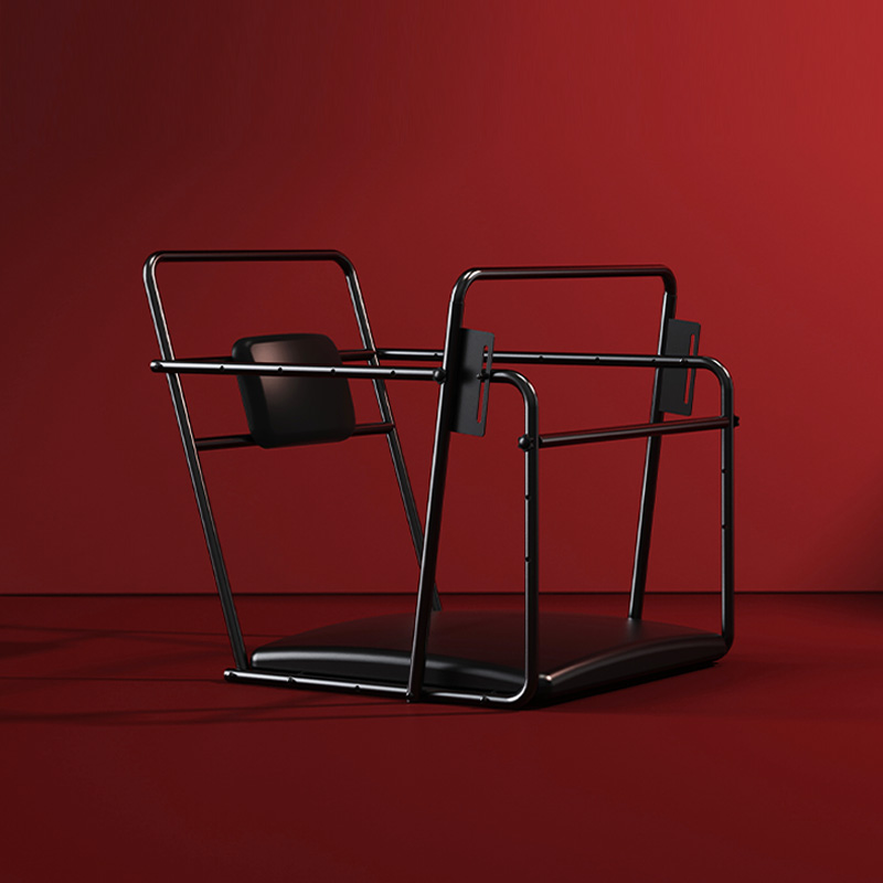 Roomfun Bondage Chair on a red studio background