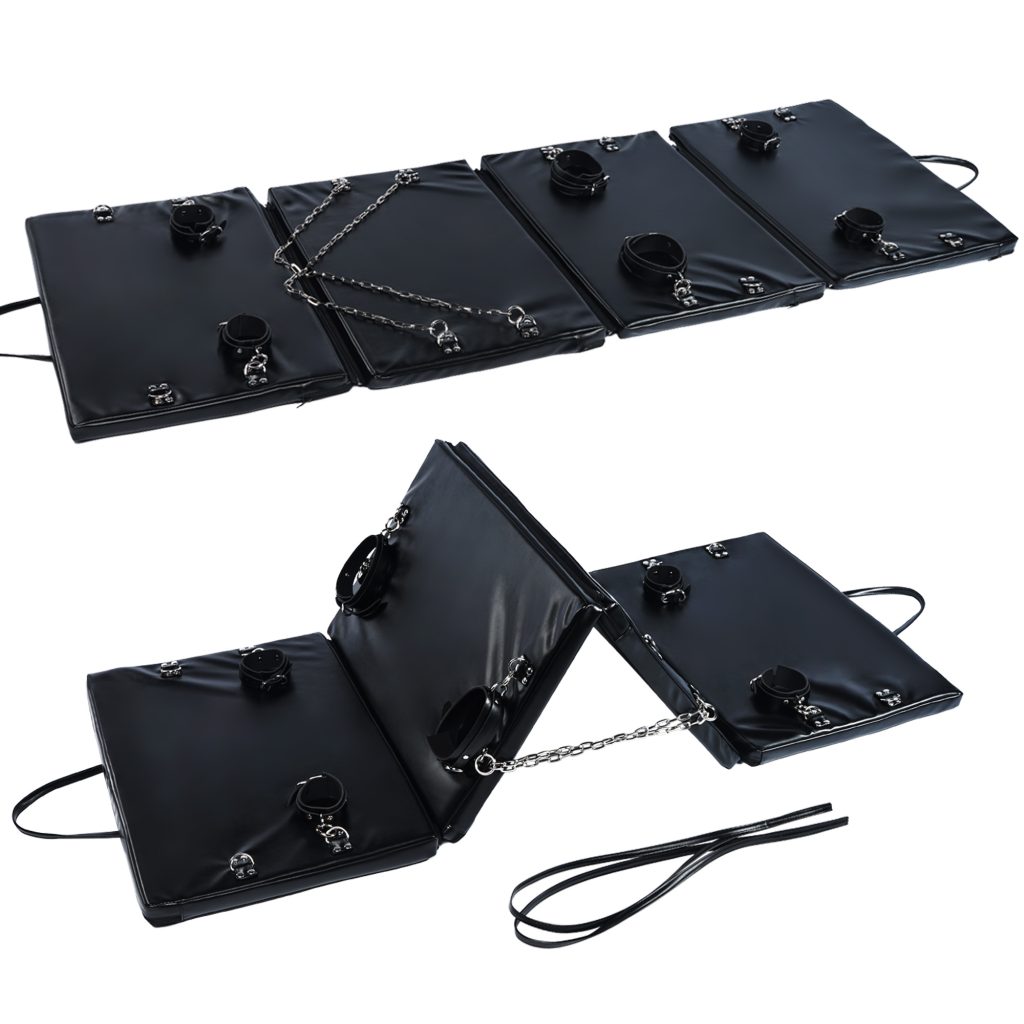 Roomfun Bondage Board shown flat and folded with padded panels and D-ring attachments